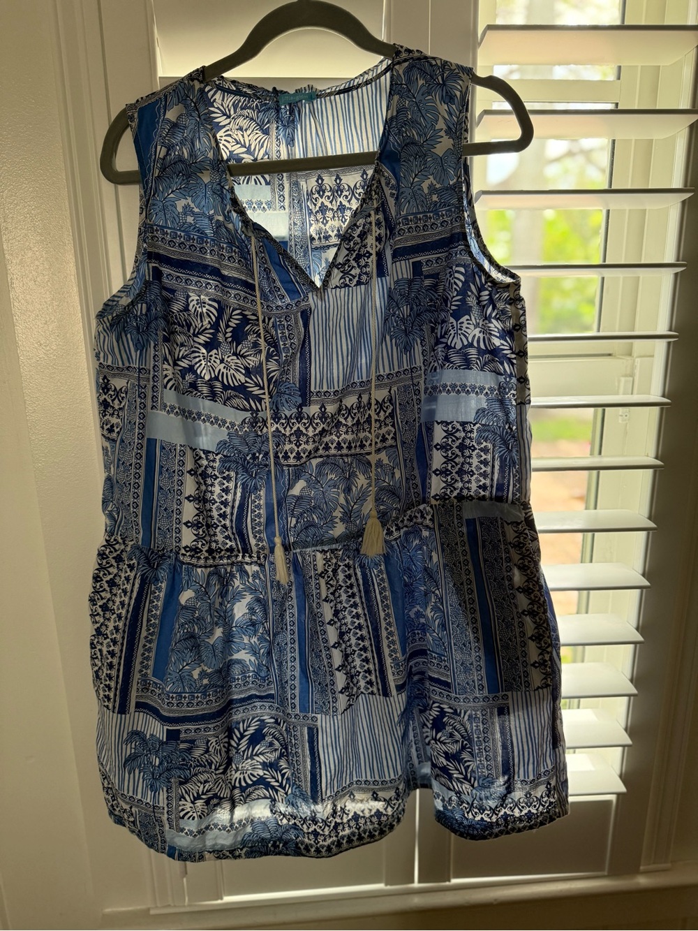 Blue and White tropical printed Sleeveless Dress